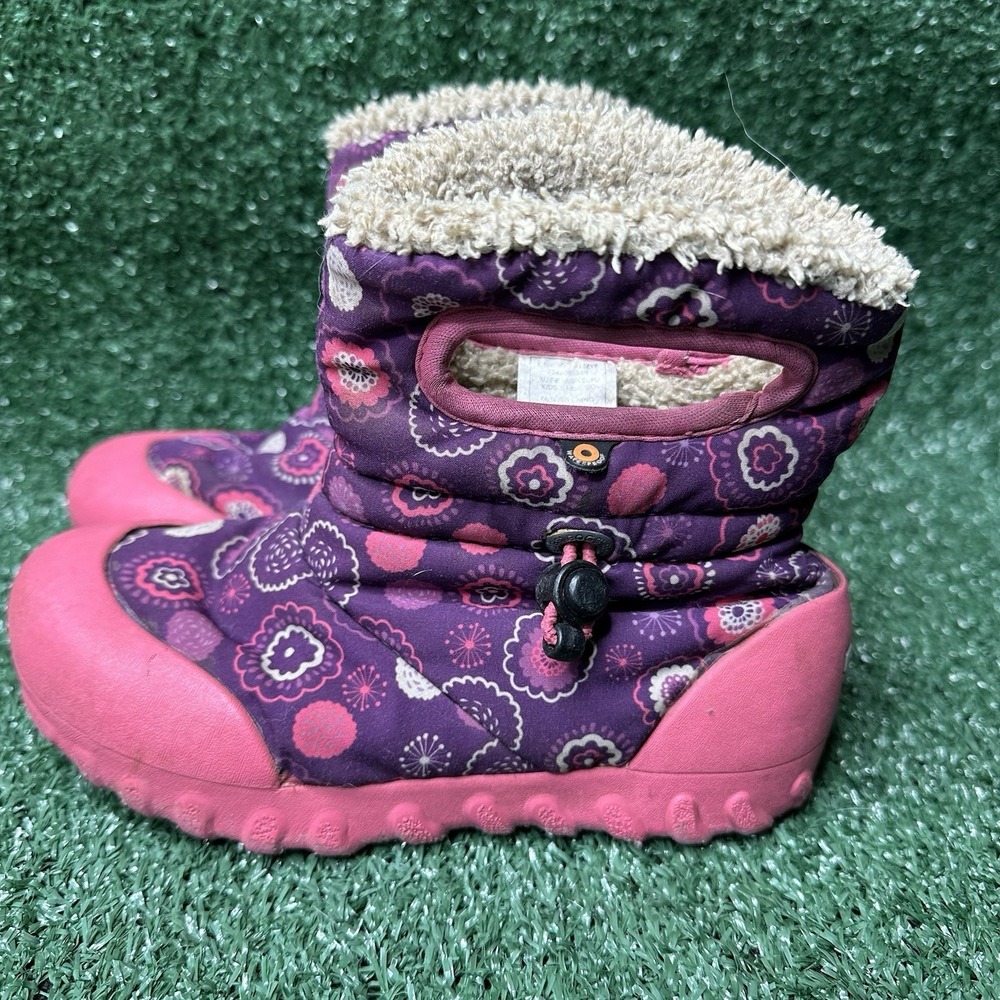 GIRLS‎ KIDS BOGS PULL ON FLORAL PINK WATERPROOF WARM LINED BOOTS SIZE 13